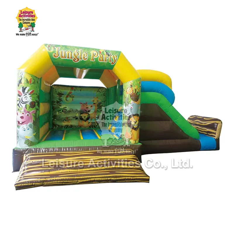 Väike täispuhutav Multiplay Bouncy Castles Džunglipidu liumäega
